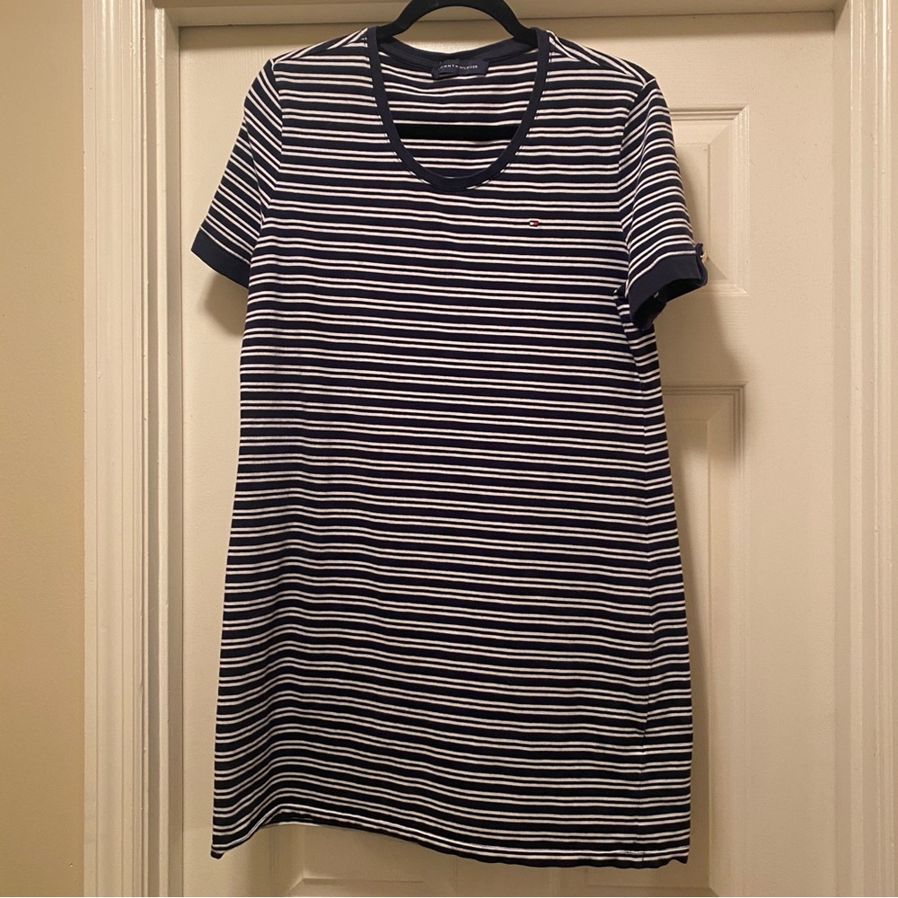Tommy Hilfiger Navy & White Striped T-Shirt Dress - Size Medium